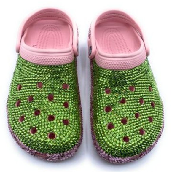 Shoes - Bling Green Rhinestones Studded Customized Pink Clogs Adults